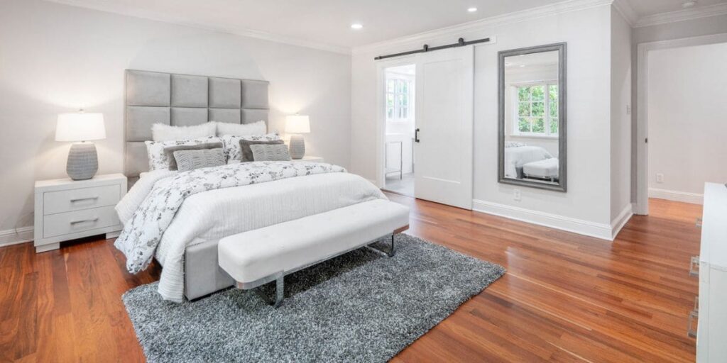 Modern staged master bedroom